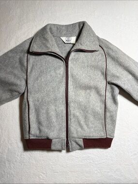 Woolrich Vintage 1990s Light Gray Wool Zip Bomber Jacket with Burgundy Accents